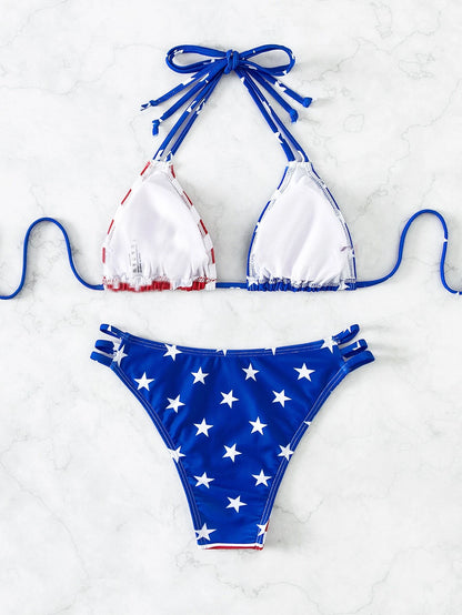 Summer Beach American USA Flag Print Bikini Set Halter Triangle Top & Bikini Bottom 2 Pieces Bikini 4Th of July Bikini Set for Summer Beach
